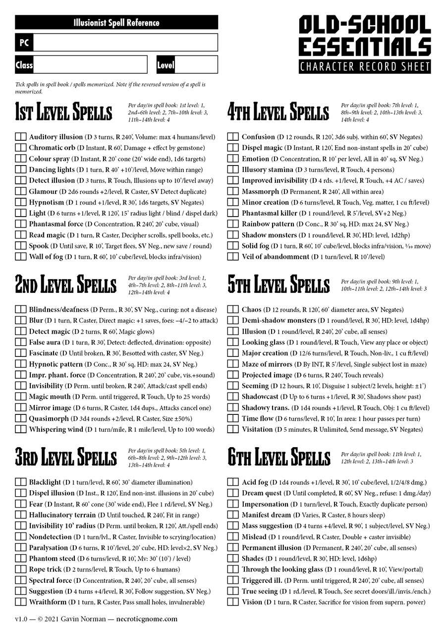 Old School Essentials Druid And Illusionist Spell Tracker Necrotic Gnome Old School Essentials DriveThruRPG