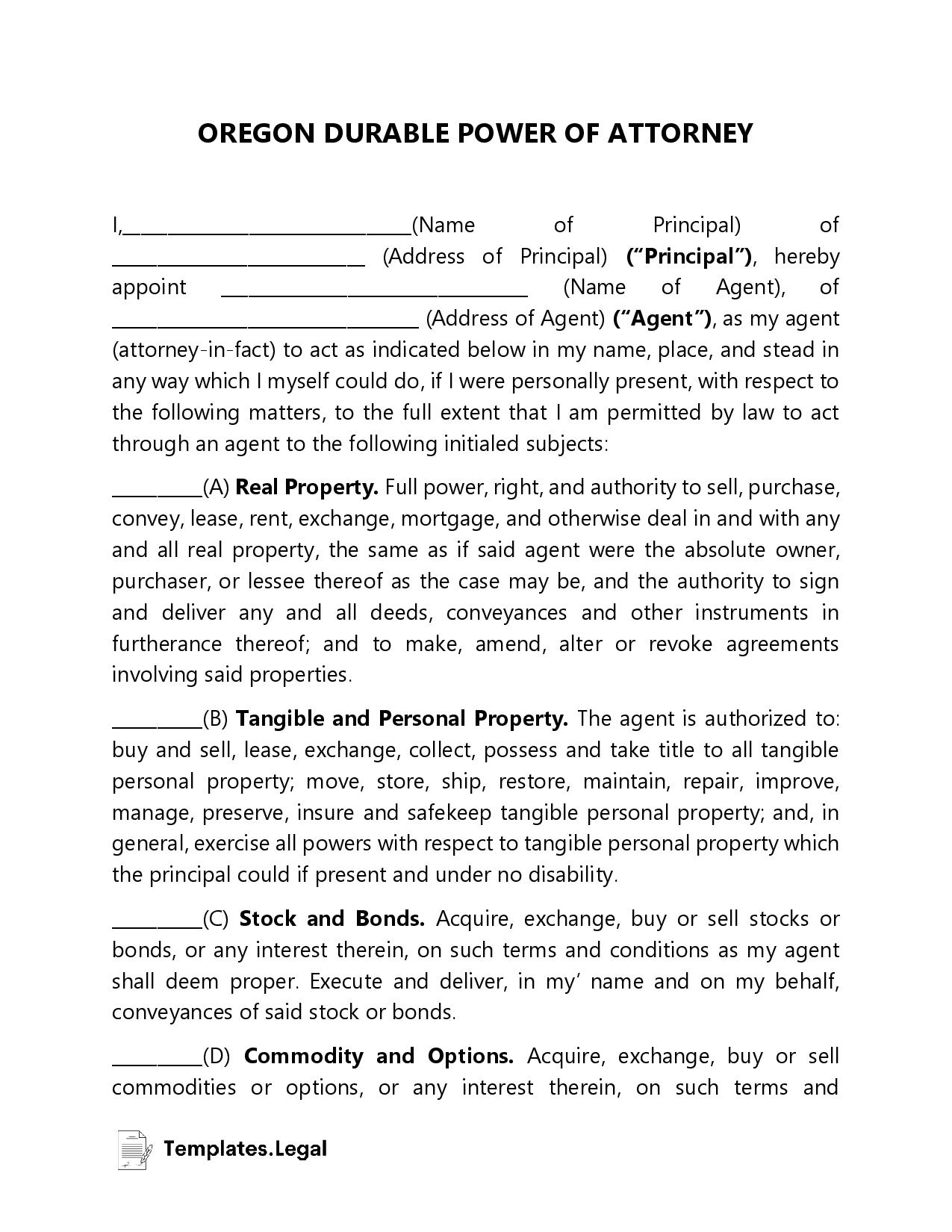 Oregon Power Of Attorney Templates Free Word PDF ODT 