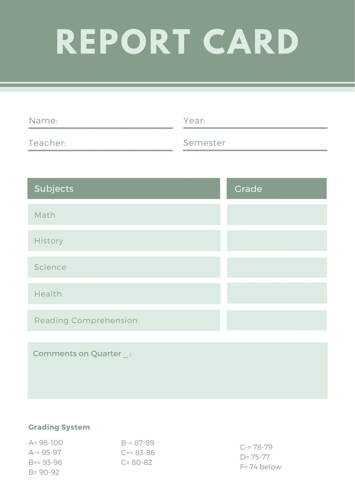 Free Printable Homeschool Report Card Template