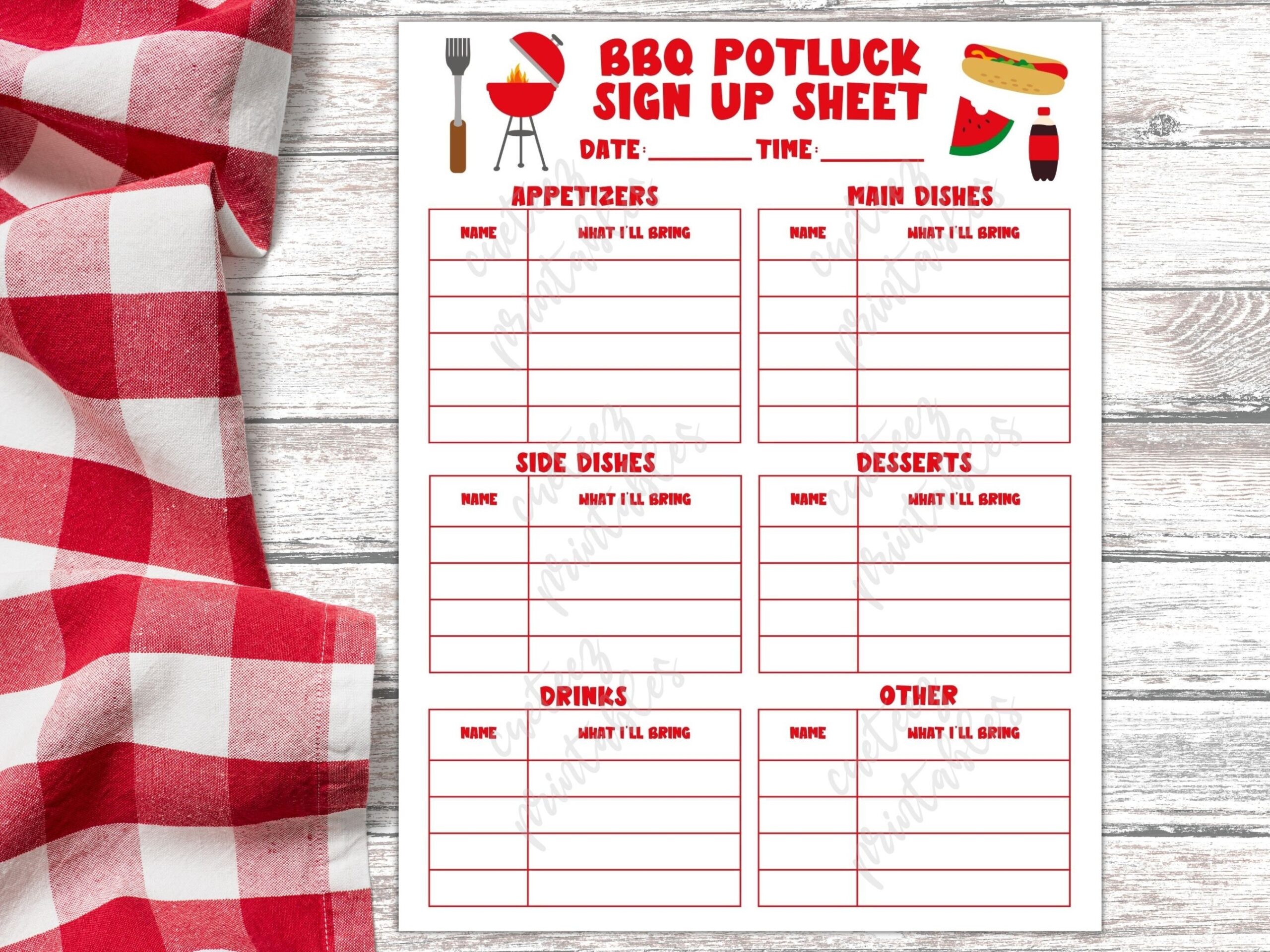 Potluck Sign Up Sheet Printable For BBQ Potluck Party Sign Up For Potluck Lunch Dinner What To Bring Instant Download PDF Etsy