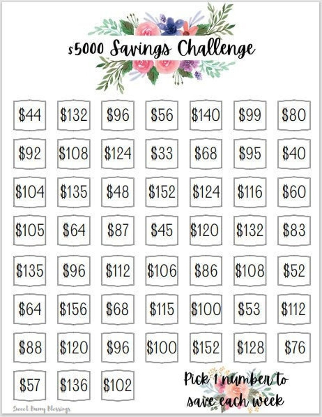 Printable 5 000 Dollar Savings Challenge Tracker Save 5 000 Dollars In 1 Year Savings Goal Money Challenge Savings Challenge Digital Etsy