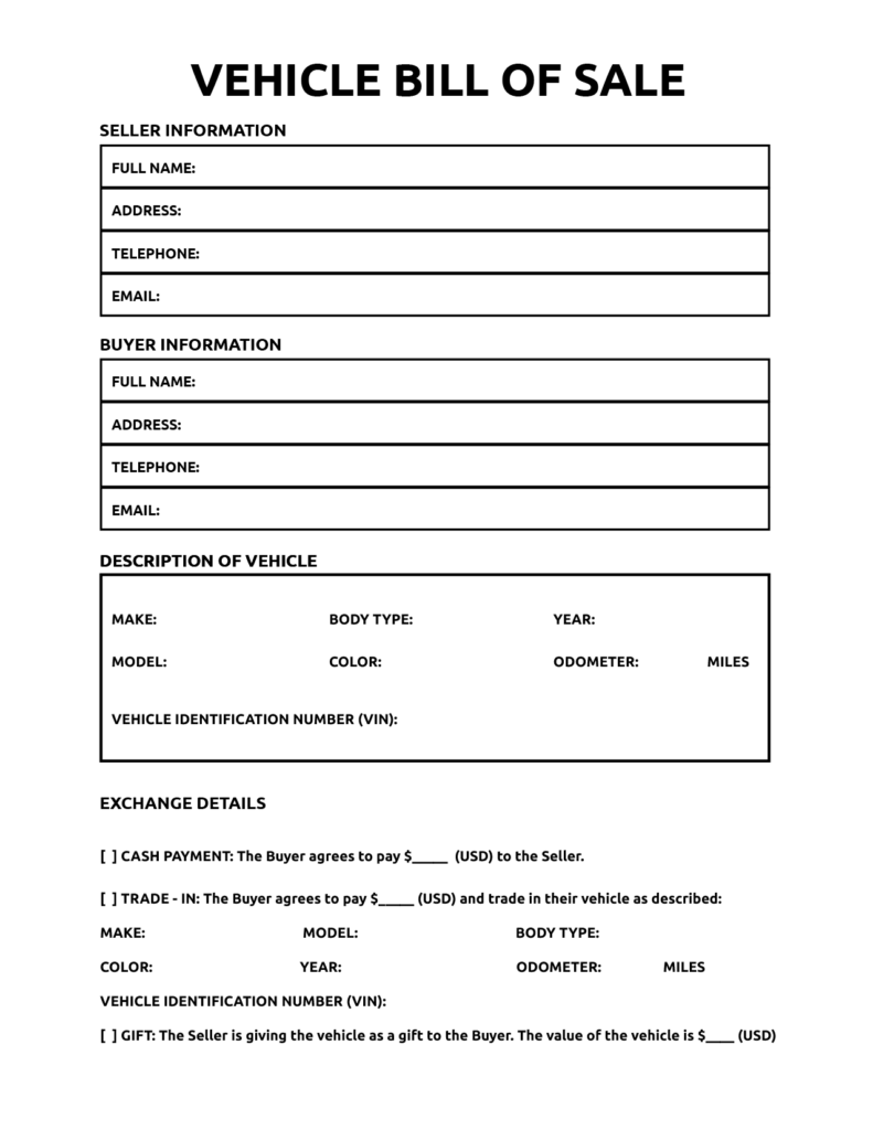 Printable Bill Of Sale For Vehicle