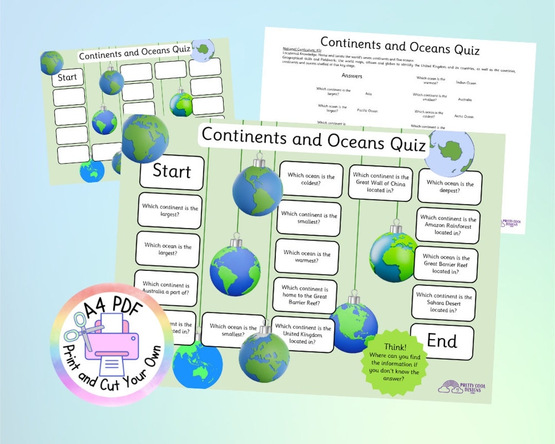 Printable Game Geography Continents And Oceans KS1 Quiz Board Game PDF With Answers And Blank Board Etsy
