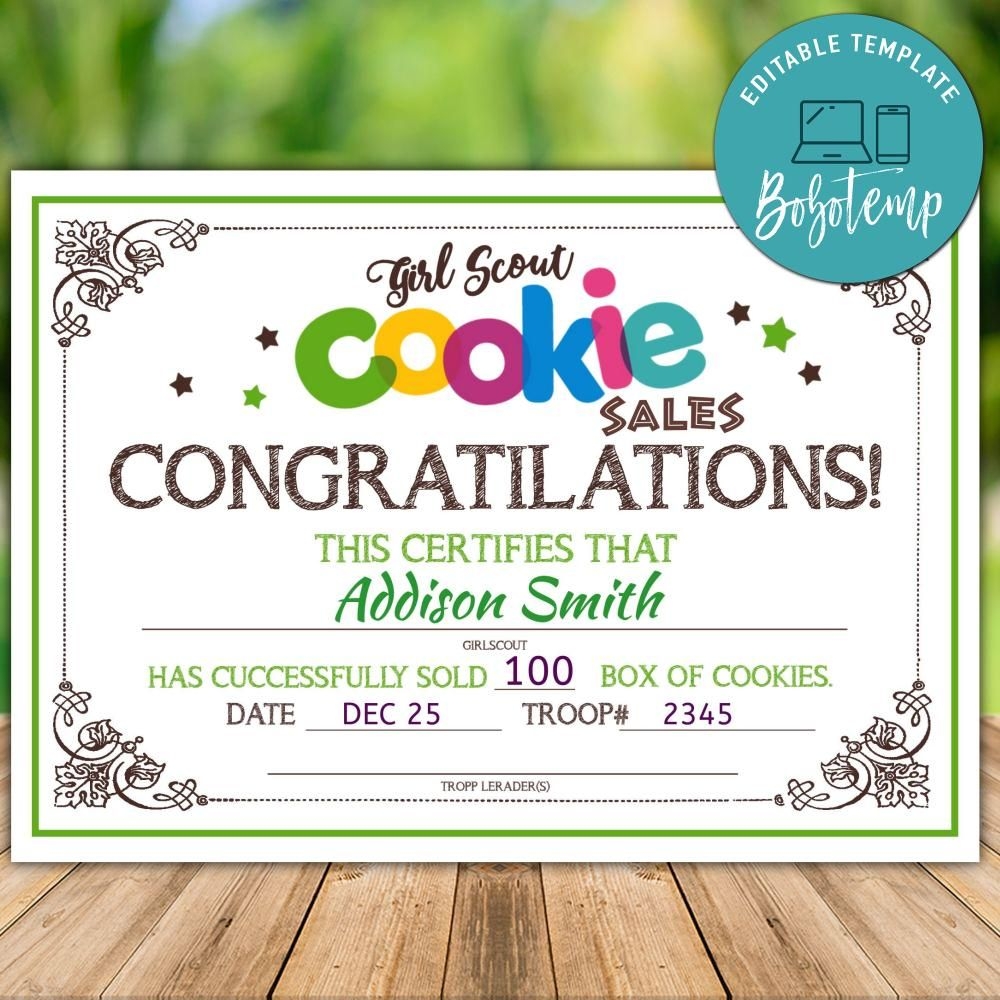 Printable Girl Scout Cookie Sales Congratulations Certificate DIY Bobotemp