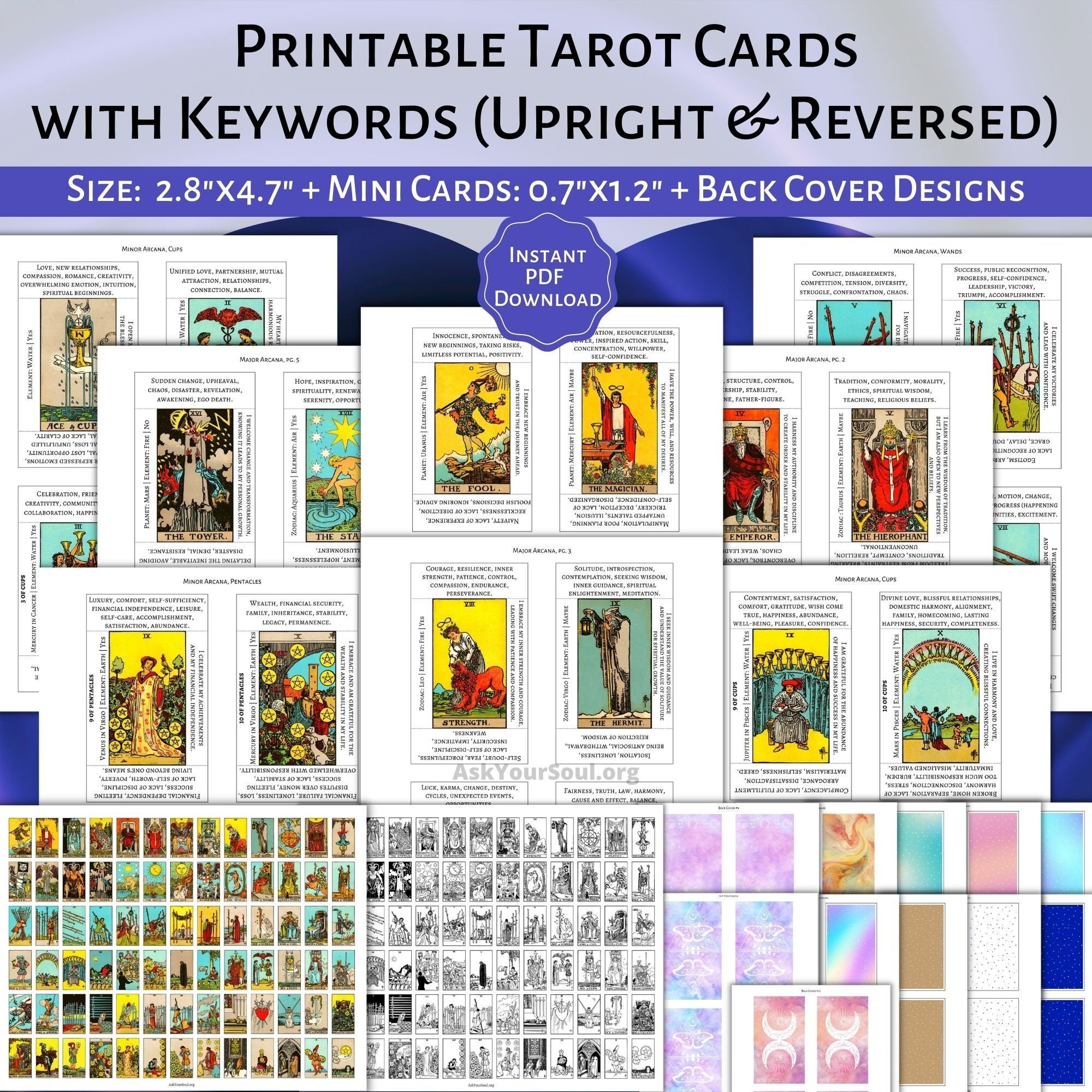 PRINTABLE Rider waite Tarot Cards With Keywords PDF Upright And Reversed Meanings Tarot Beginner Deck Correspondences Learn Tarot Easy Etsy UK