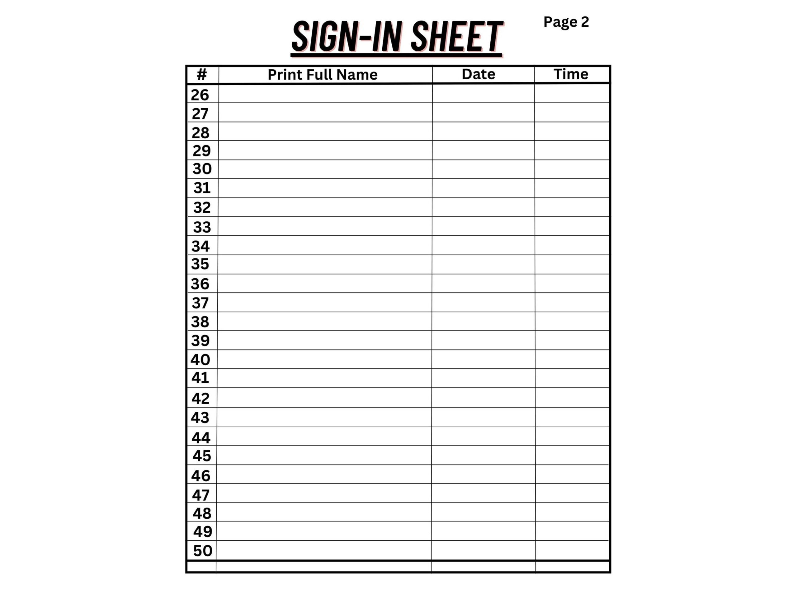 Printable Sign in Sheet 25 Rows 8 5x11 Inches Etsy UK