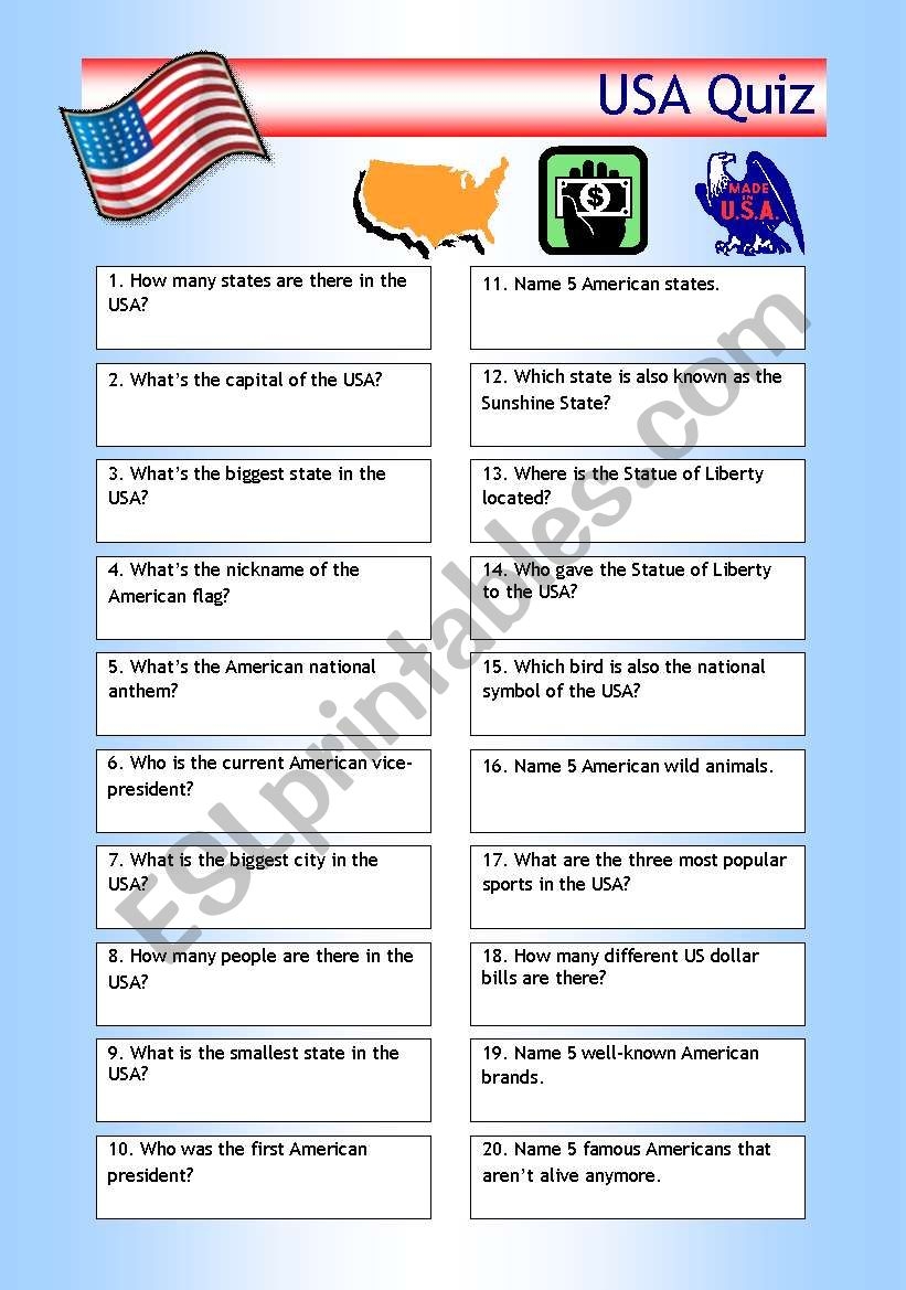 Quiz USA Trivia ESL Worksheet By PhilipR