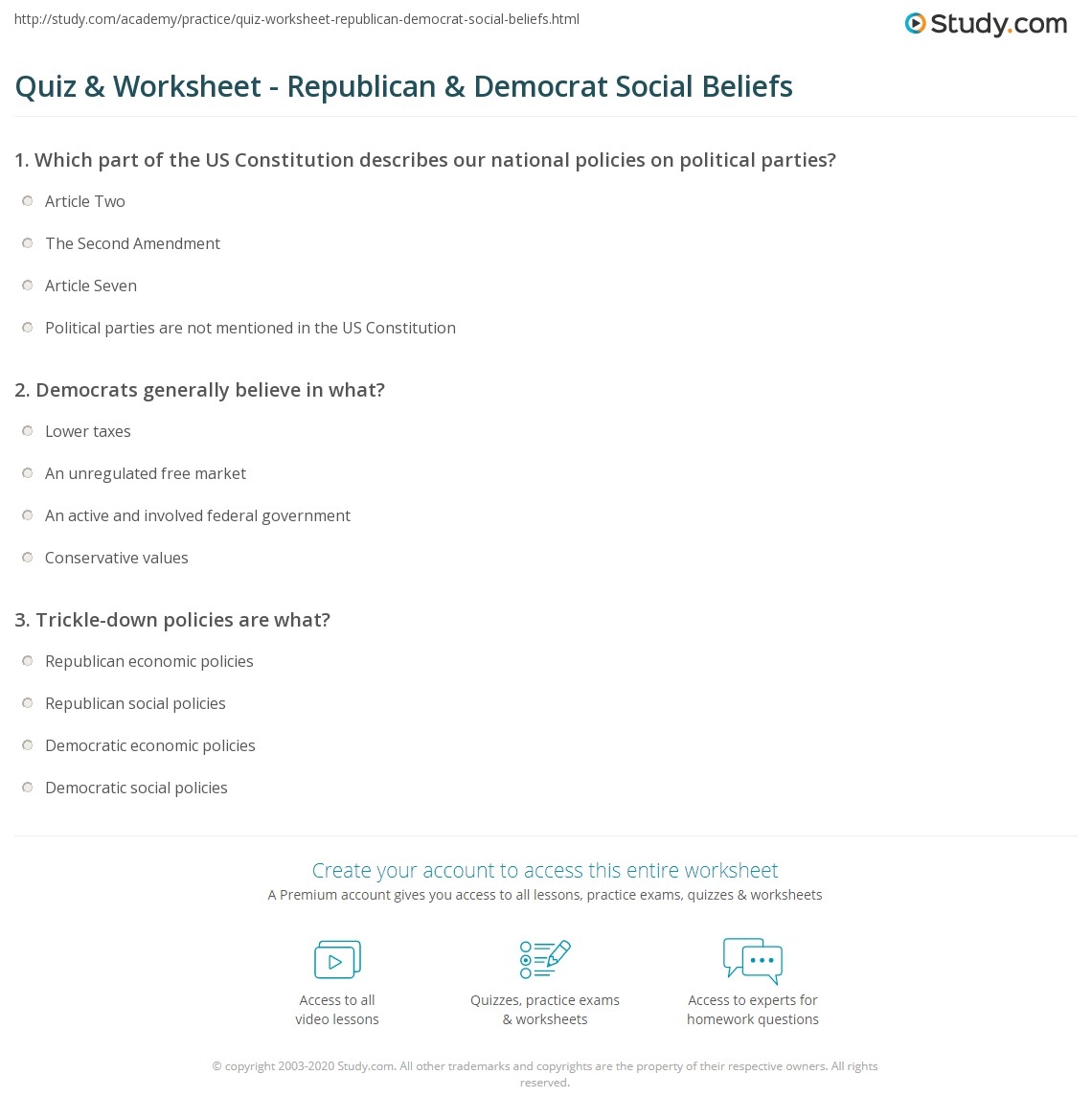 Quiz Worksheet Republican Democrat Social Beliefs Study