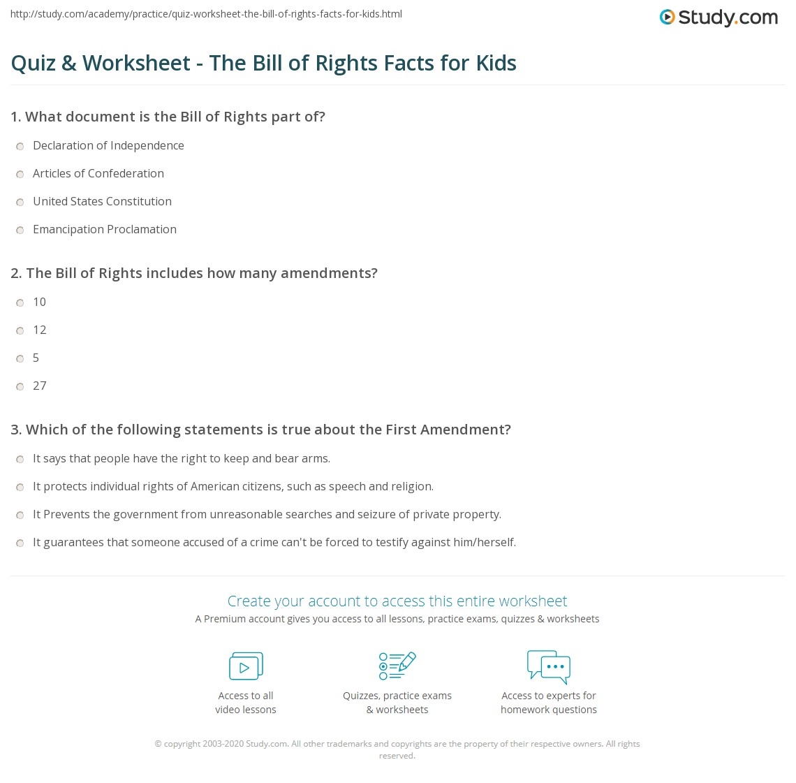 Bill Of Rights Test Printable