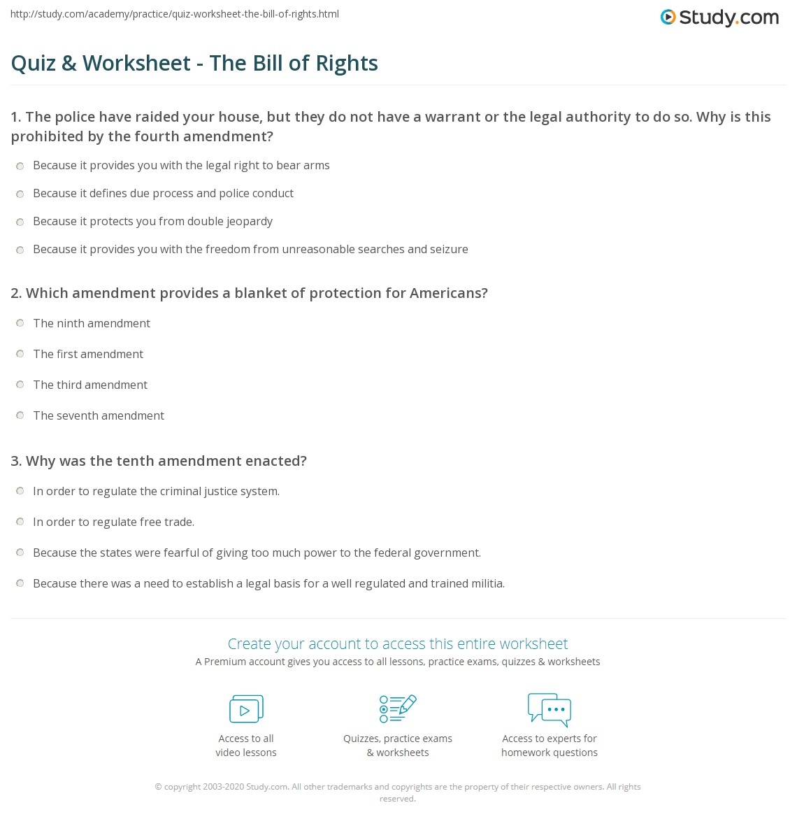 Quiz Worksheet The Bill Of Rights Study