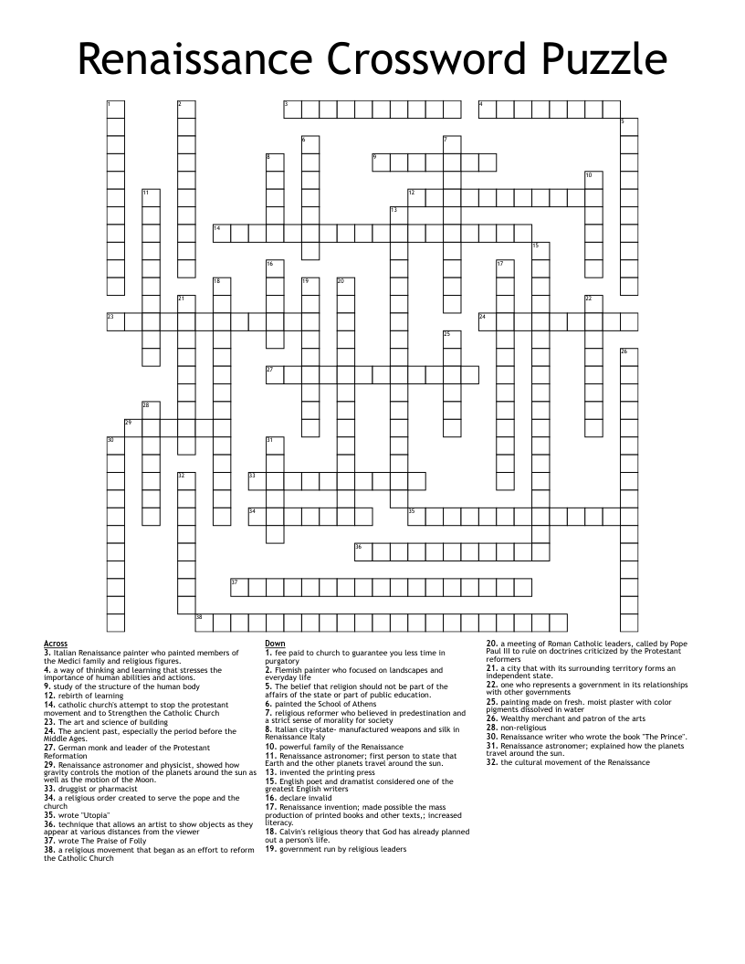 Free Printable Crossword Puzzles For The Renaissance