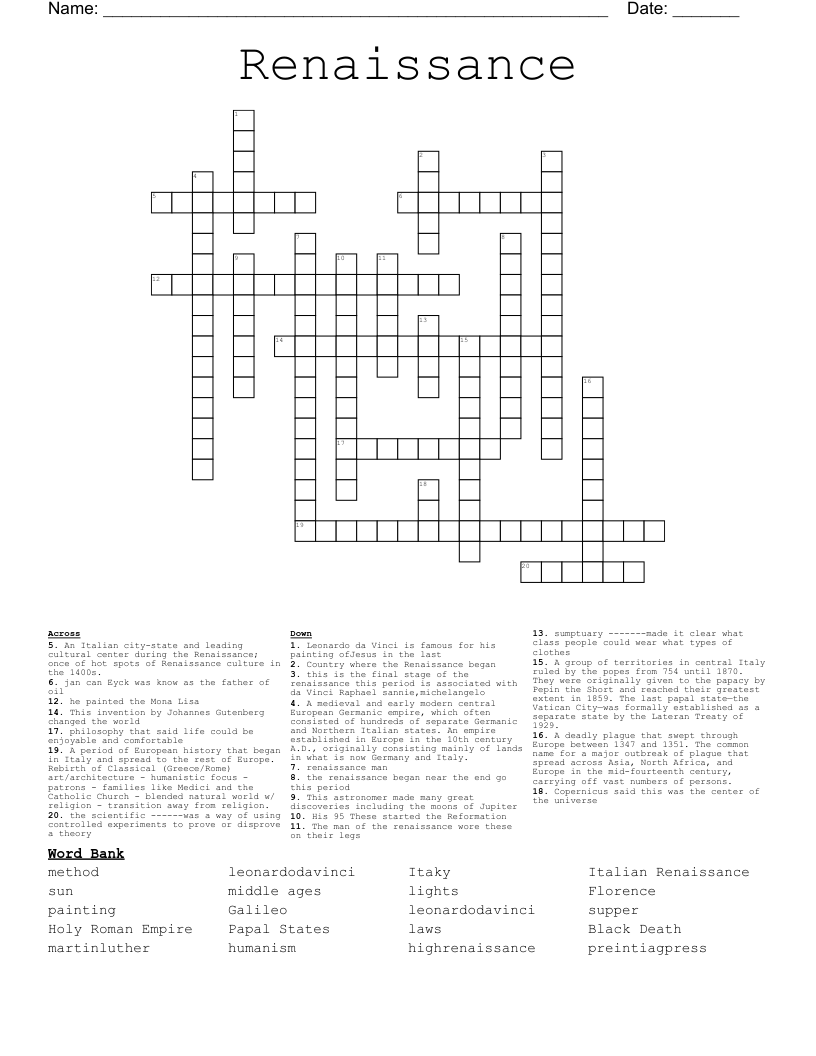 Renaissance Crossword WordMint