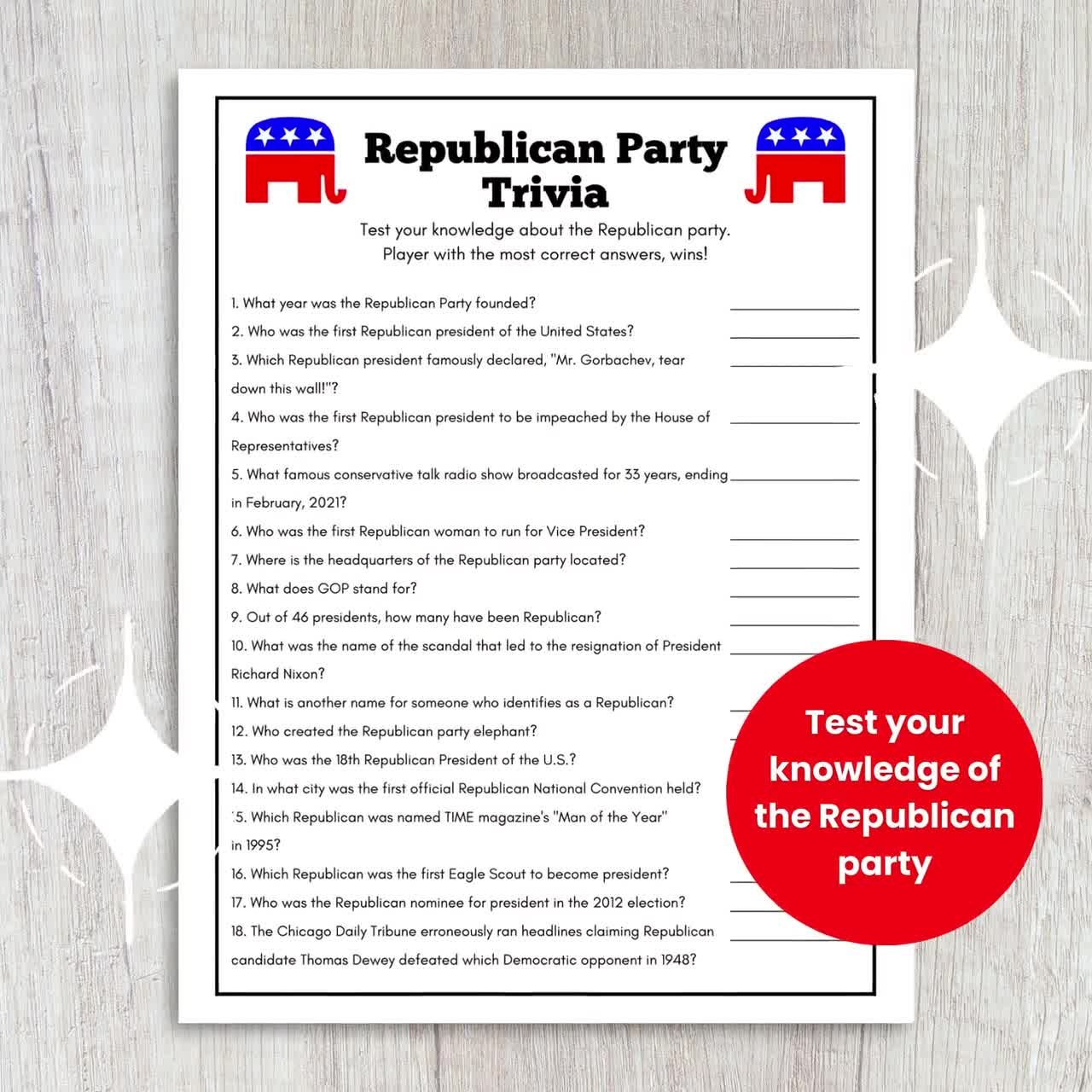 Republican Party Trivia Game Election Party Game Patriotic Games US Presidents Game Trivia Night Senior Game History Classroom Etsy
