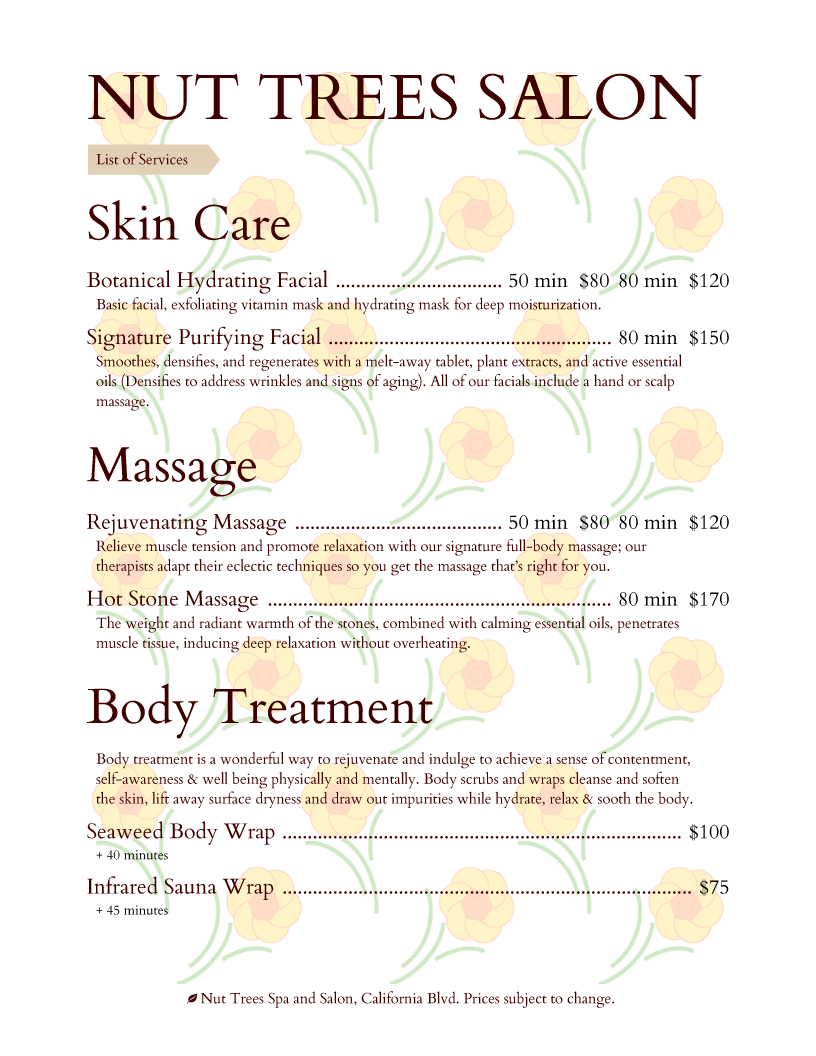 Free Printable Spa Menu Templates
