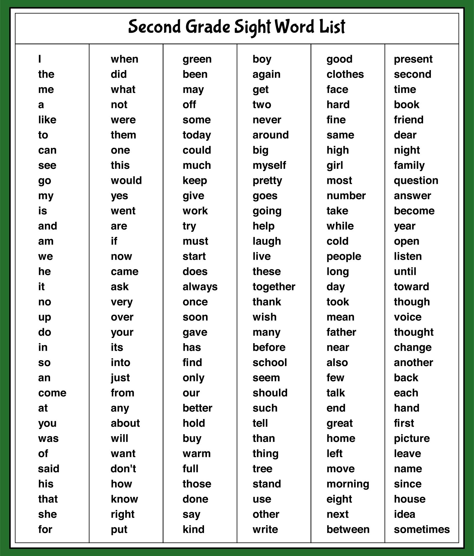 Word Lists For 2Nd Grade Printable