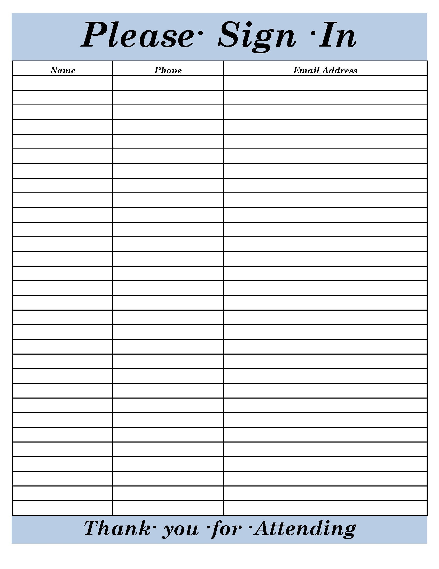 Free Printable Sign In Sheet