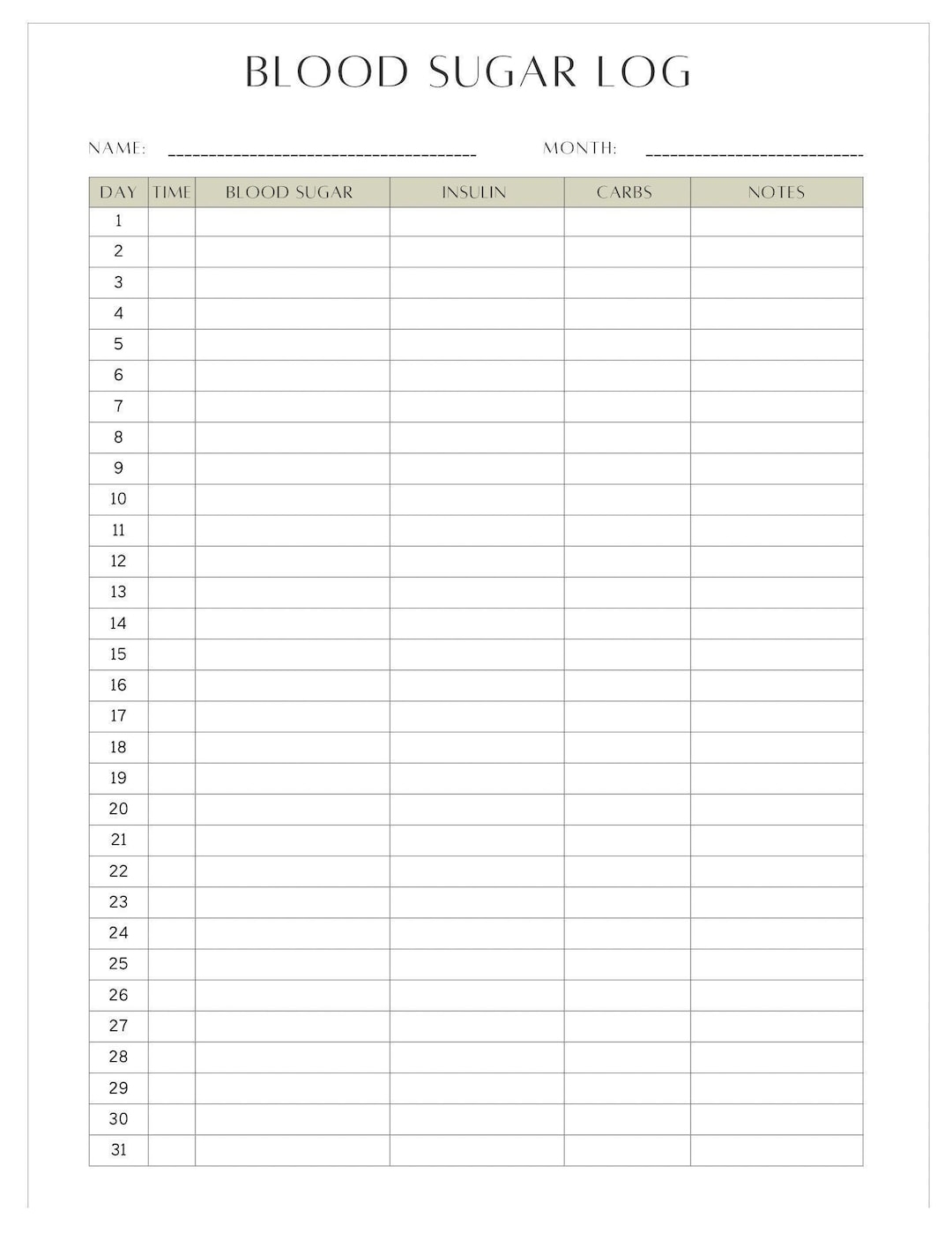 Blood Glucose Log Sheet Printable