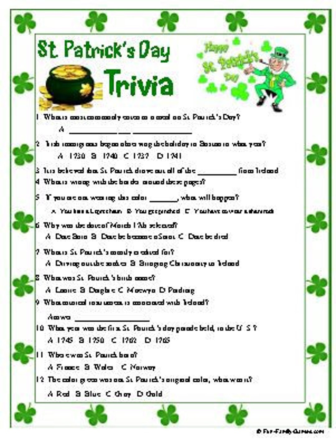 St Patrick s Day Trivia Etsy