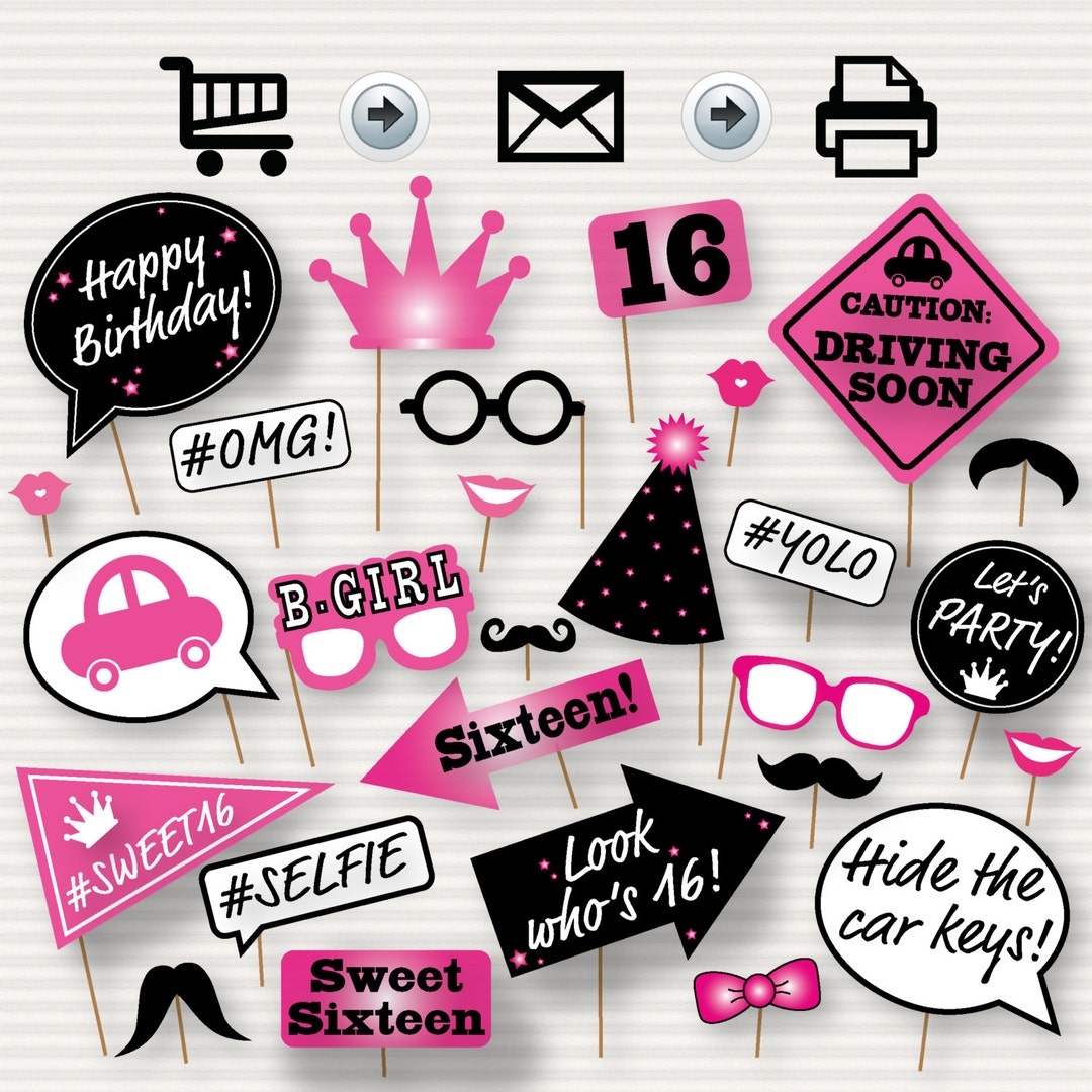 Sweet 16 Photo Booth Printable Props Printable Sweet Sixteen Photobooth 16th Birthday Party Sweet 16 Party Sweet Sixteen Pink DIY Etsy UK