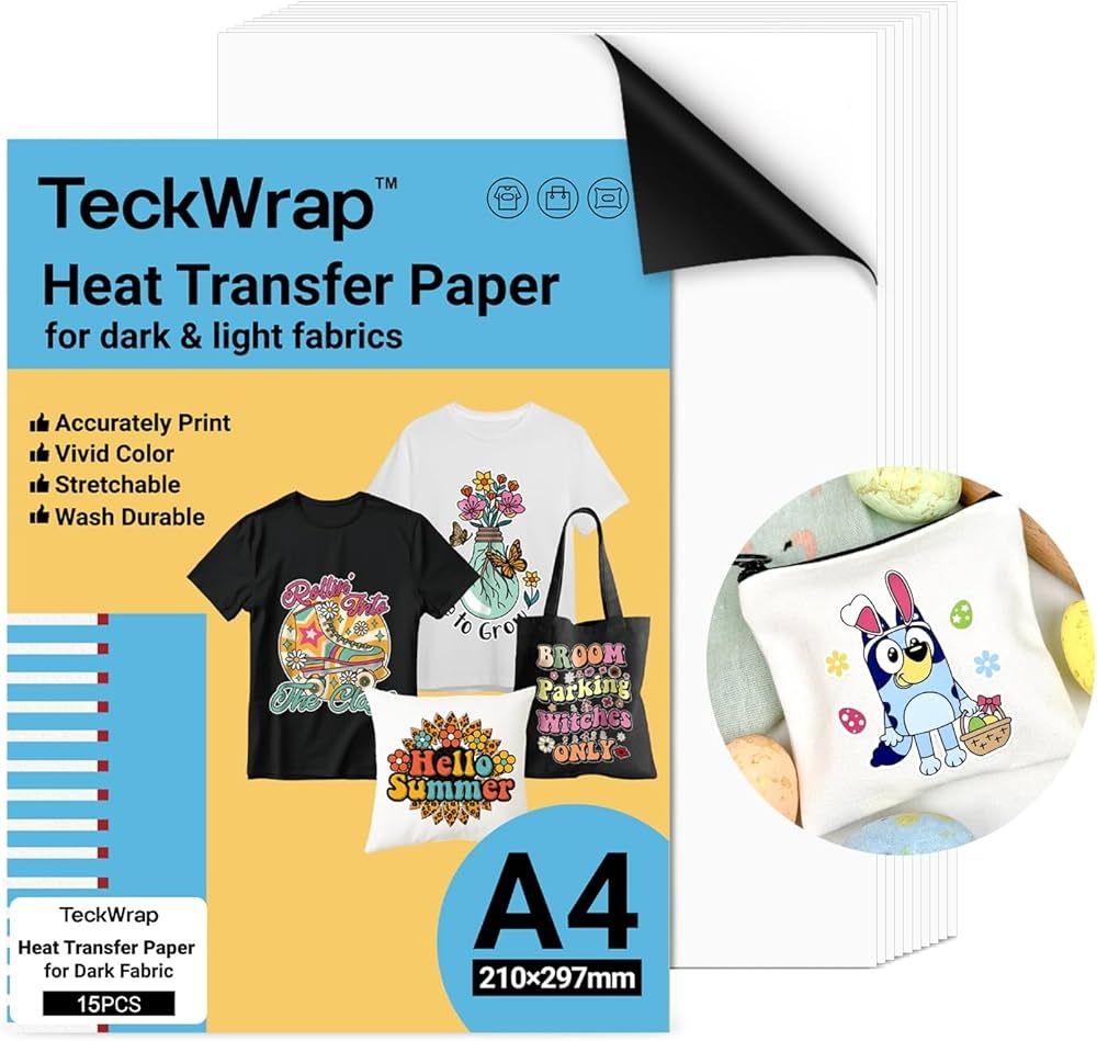 TECKWRAP Printable Heat Transfer Paper For T Shirts 15 Sheets 8 3 X 11 7 Inch Printable Heat Transfer Vinyl For Inkjet Printer Iron On Transfer Paper For Light And Dark Fabrics Amazon de 