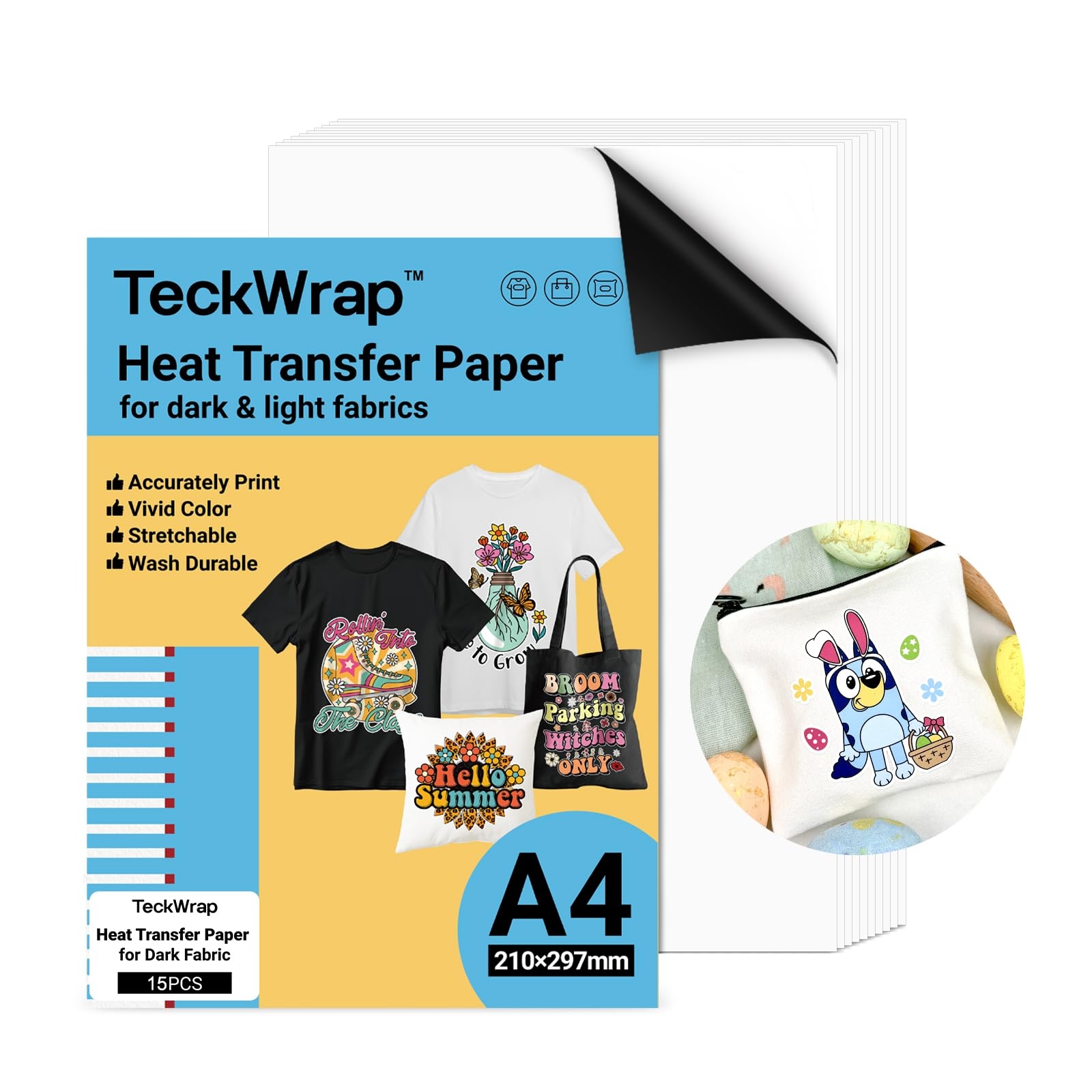 TECKWRAP Printable Heat Transfer Paper For T Shirts 15 Sheets 8 3 X 11 7 Inch Printable Heat Transfer Vinyl For Inkjet Printer Iron On Transfer Paper For Light And Dark Fabrics Amazon de 