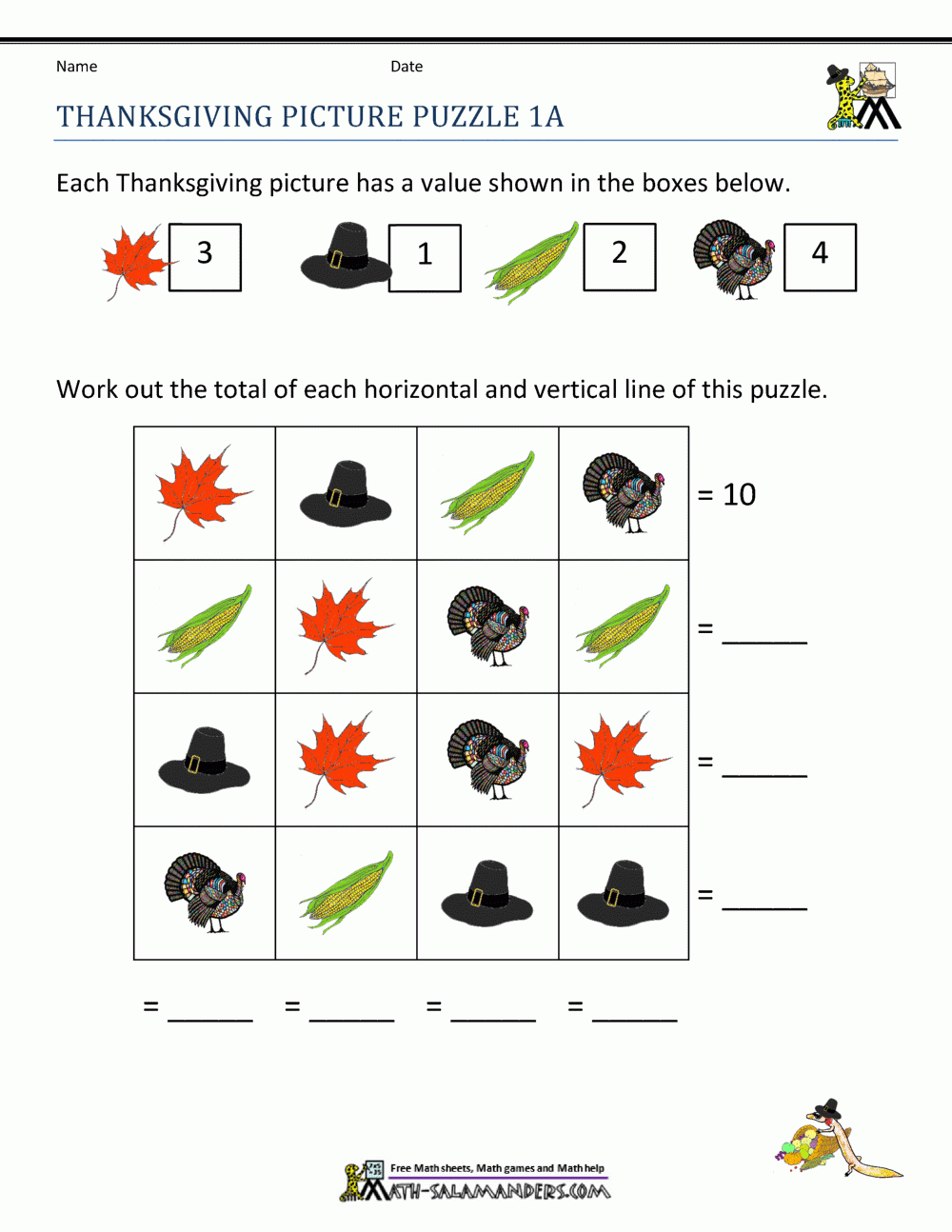 Thanksgiving Math Activities First Grade