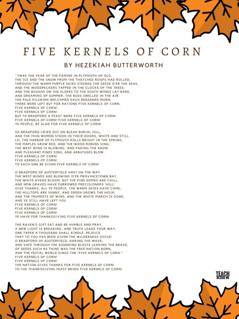 Thanksgiving Tradition Five Kernels Of Corn Teach Beside Me