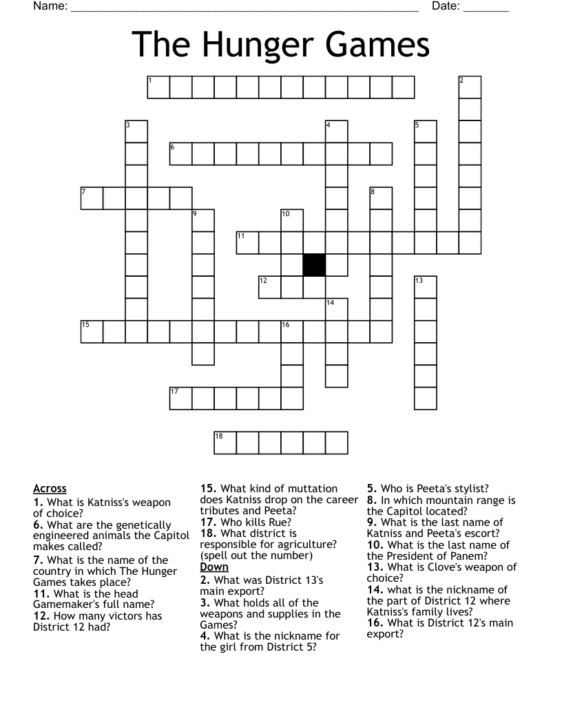The Hunger Games Crossword Puzzle Printable