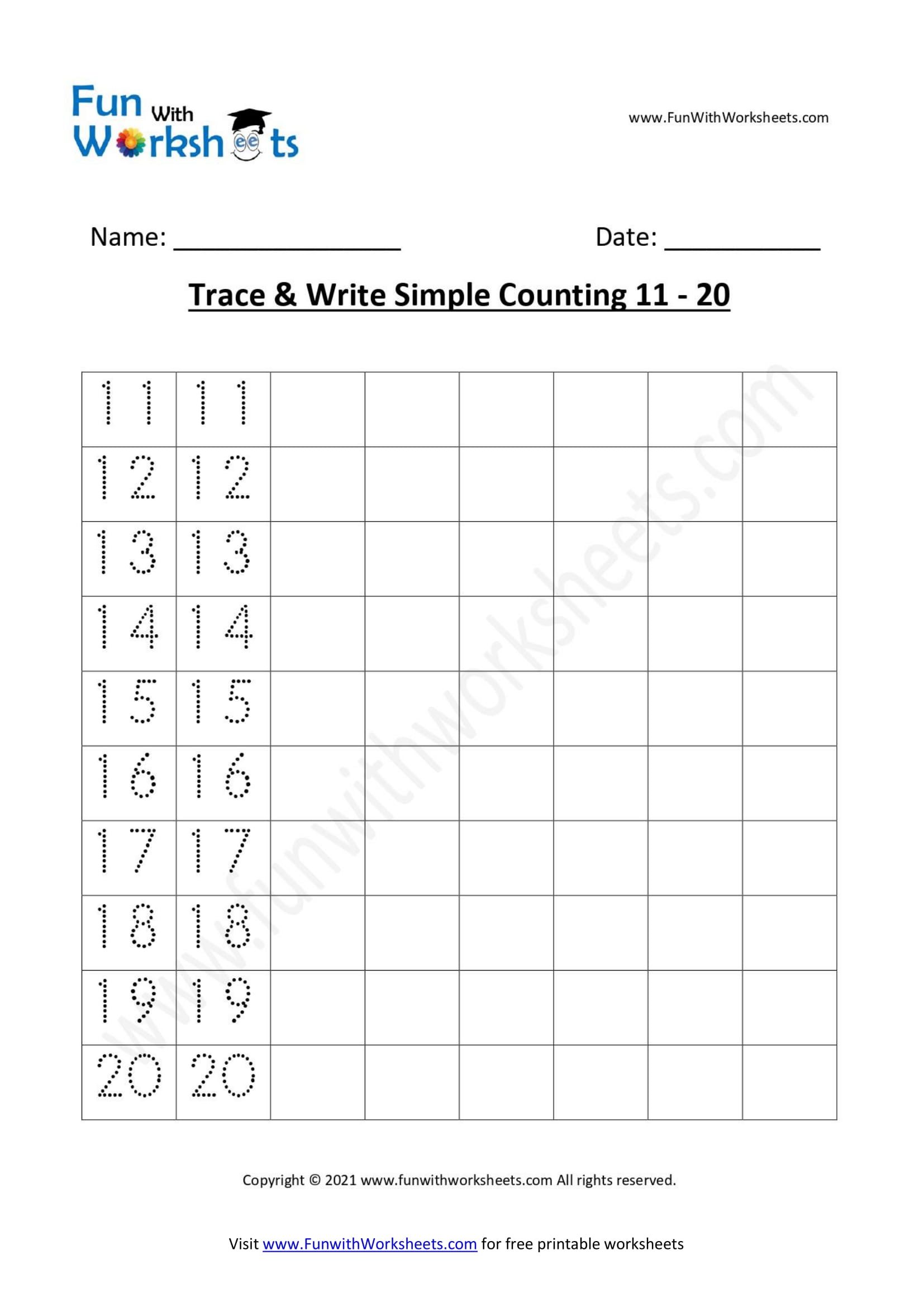 Trace And Learn Simple Counting 11 20 Funwithworksheets Worksheets Library