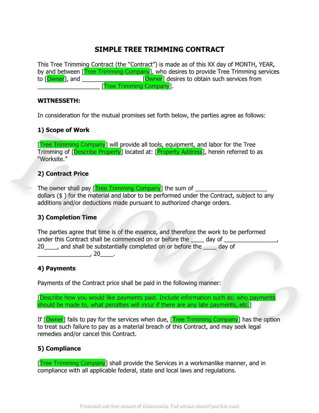 Tree Trimming Contract Template Tree Removal Contract Agreement Tree Service Contract Arborist Contract Tree Service Terms And Condition Etsy