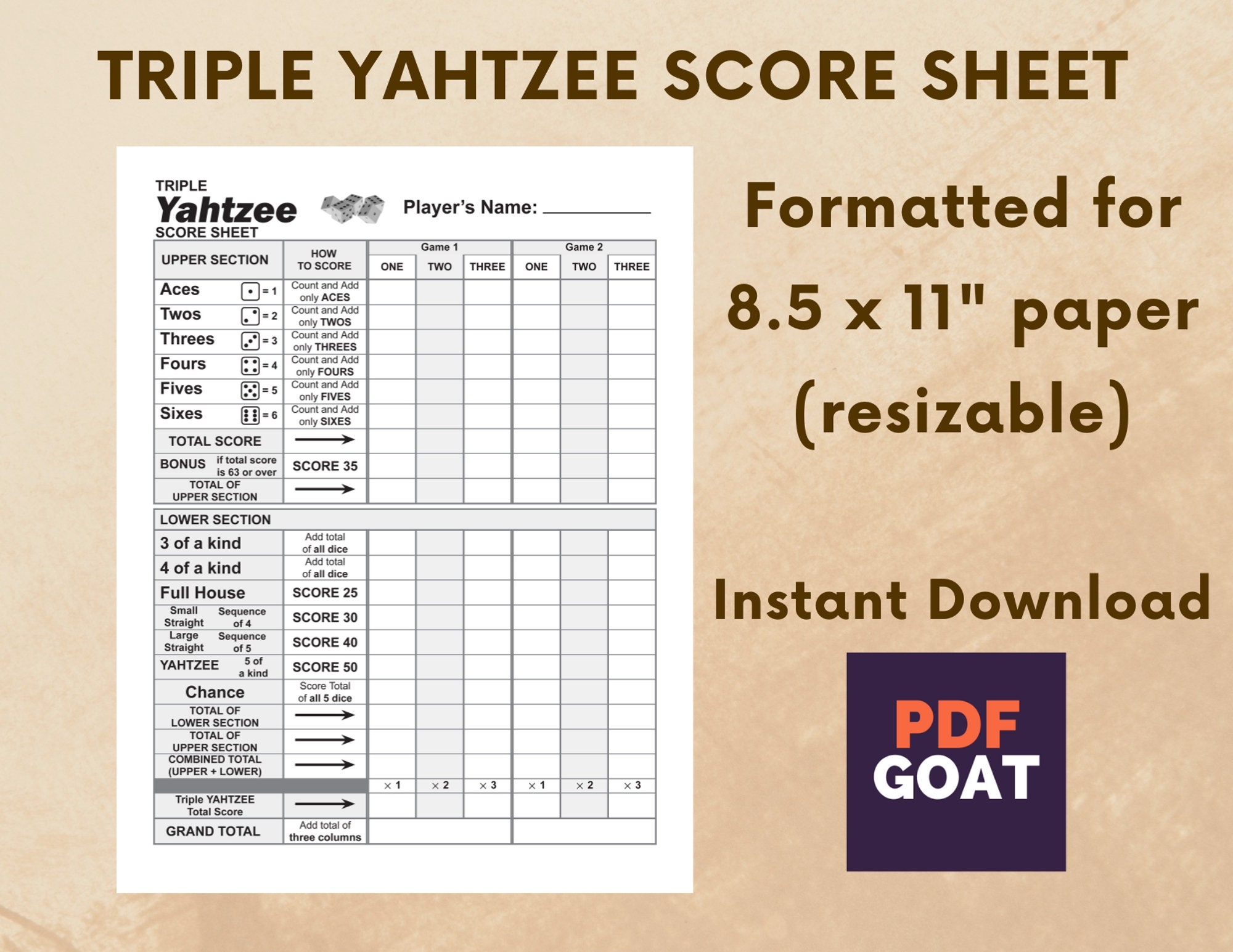 Triple Yahtzee Score Sheet Printable File PDF Download 8 5x11 In Etsy Ireland