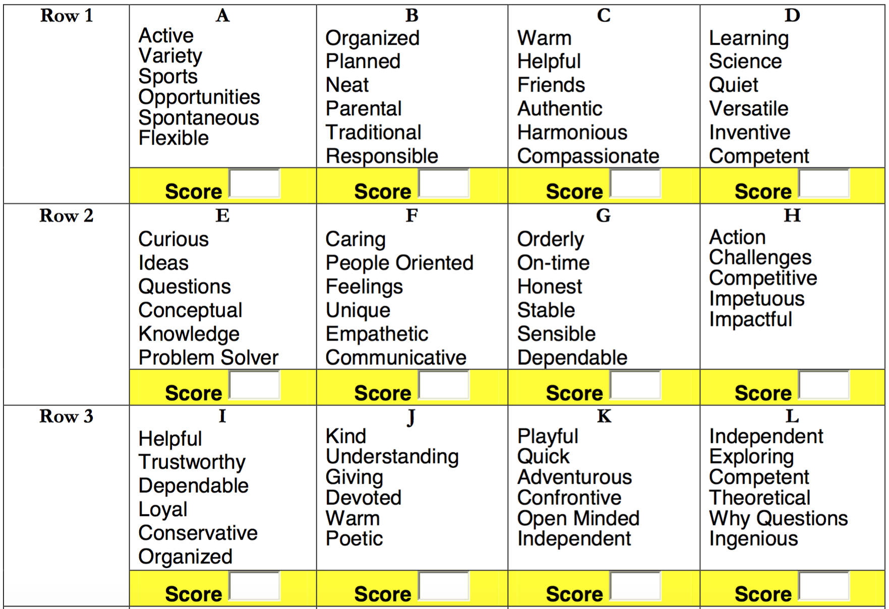 Printable True Colors Personality Test