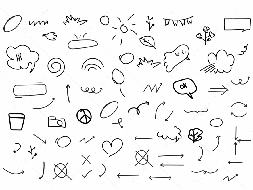 Unique Hand Drawn Doodle Pen Line Elements Camera Arrows Anime Mark Clouds Sun Speech Bubbles And Decorative Lines Design For Print Vector Doodle Line Line Symbol PNG And Vector With Transparent Background