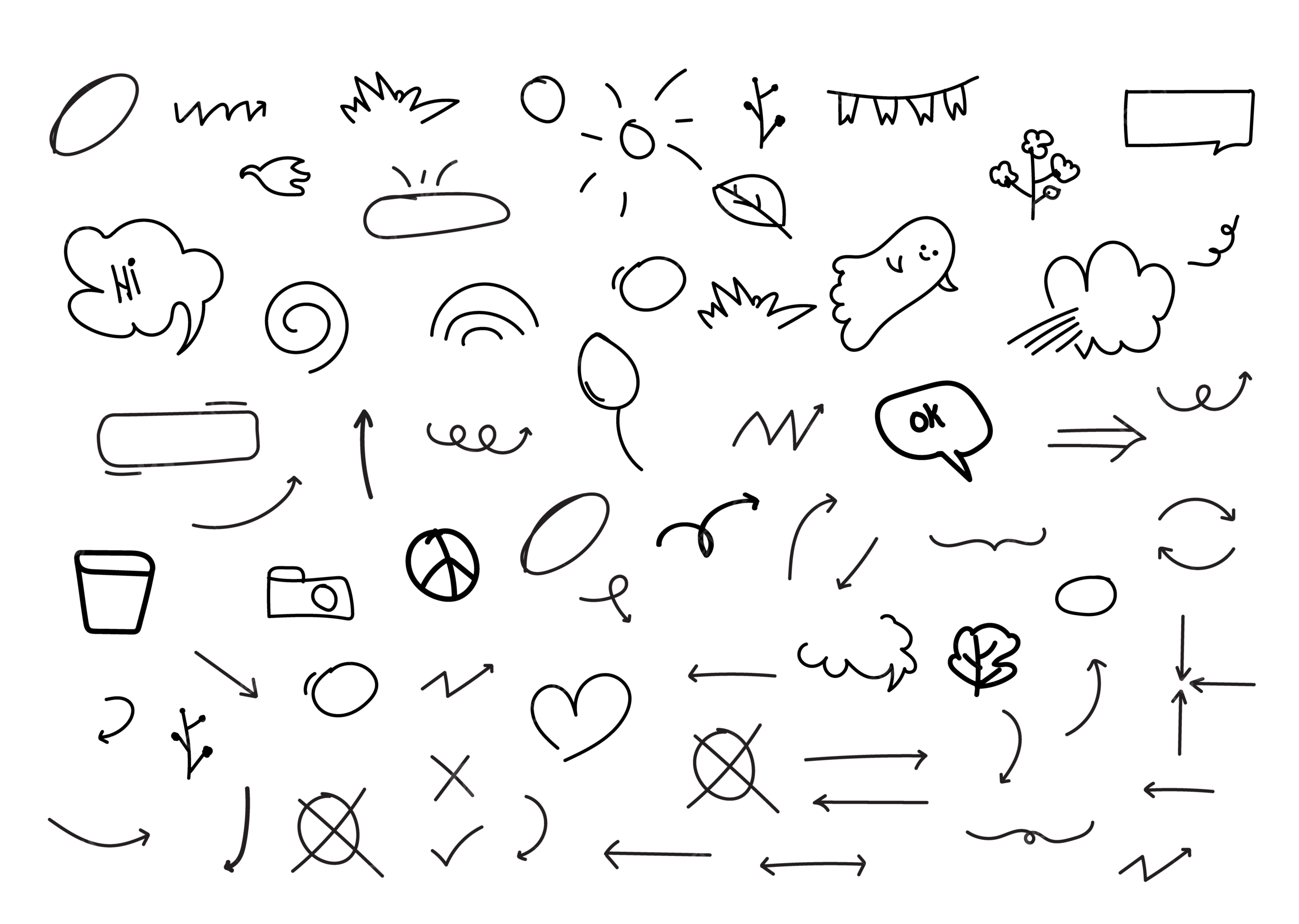 Unique Hand Drawn Doodle Pen Line Elements Camera Arrows Anime Mark Clouds Sun Speech Bubbles And Decorative Lines Design For Print Vector Doodle Line Line Symbol PNG And Vector With Transparent Background