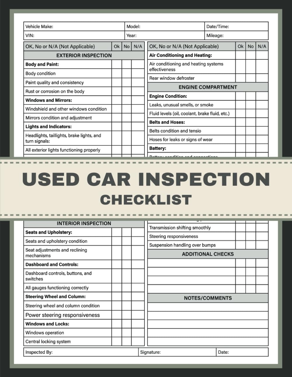 Used Car Inspection Checklist Pre Owned Used Car Inspection Report Book A Comprehensive Guide To Ensuring Confidence In Your Next Car Purchase Journey Publishing ArtfullyGia Amazon de Books