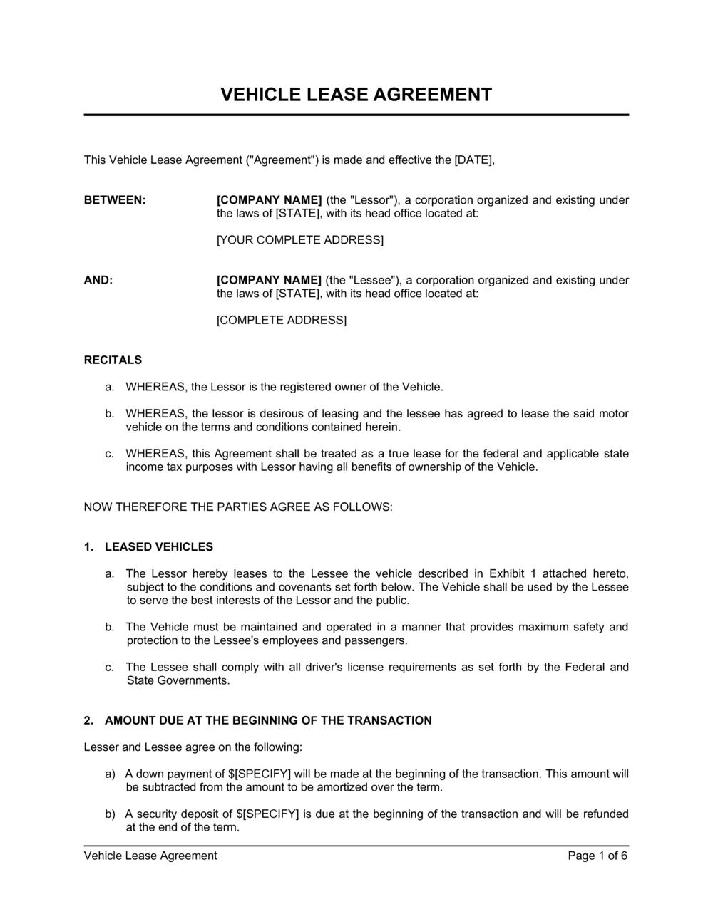 Vehicle Lease Agreement Template