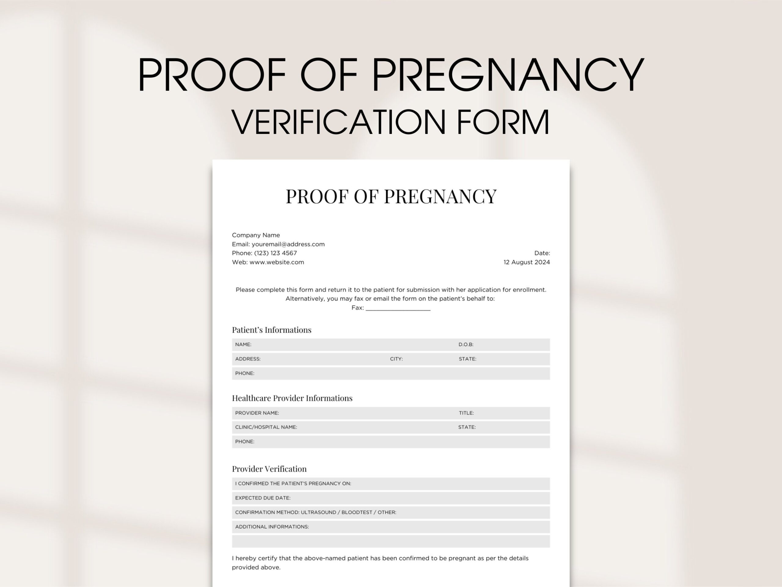 Verification Proof Of Pregnancy Form Template Consent Form Editable Confirmation Of Pregnancy Form Expected Due Date Healthcare Provider Etsy