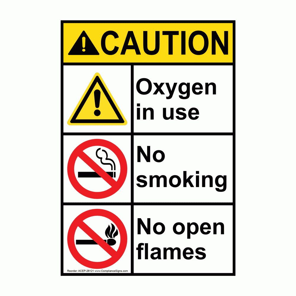 Vertical Oxygen In Use No Smoking No Open Flames Sign ANSI Caution