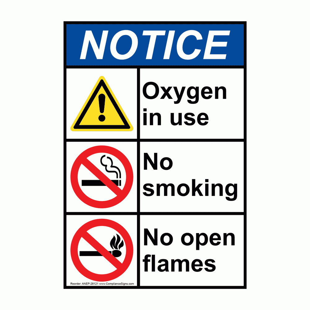 Vertical Oxygen In Use No Smoking No Open Flames Sign ANSI Notice