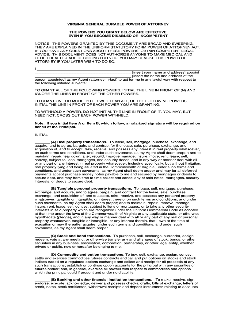 Free Printable Power Of Attorney Form Virginia