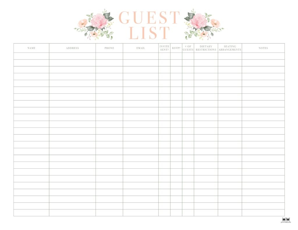Free Printable Wedding Guest List