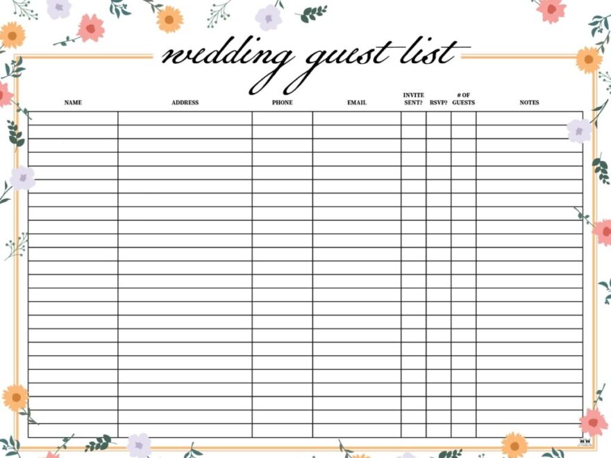 Wedding Guest List Templates 20 FREE Lists Printabulls