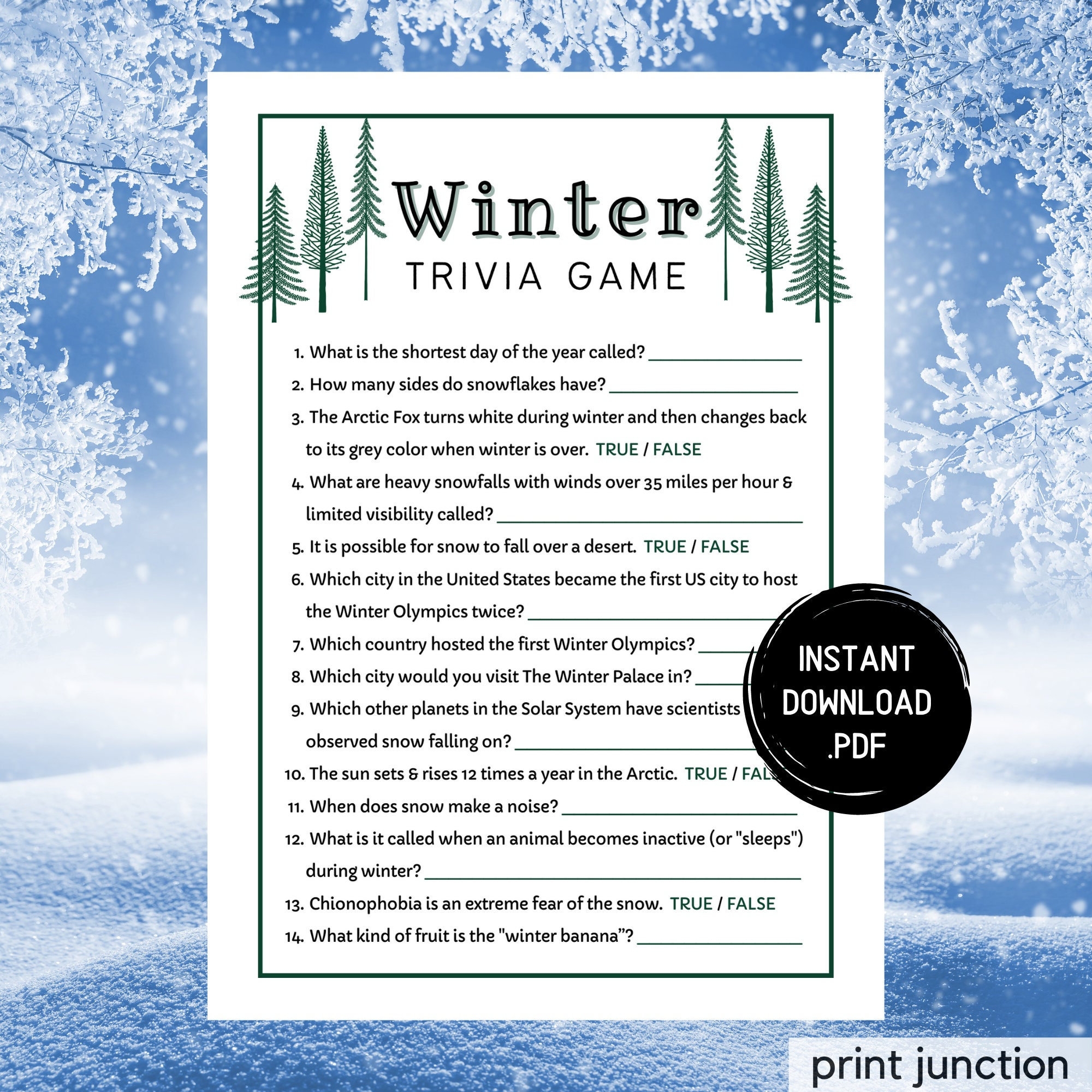 Winter Trivia Game Printable Winter Games Wintertime Activities Fun Winter Games Holiday Trivia Christmas Trivia Instant Download Etsy
